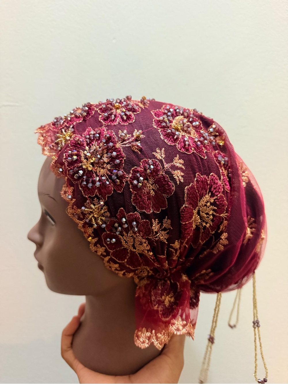Embroidered Floral Lace Headscarf in Burgundy